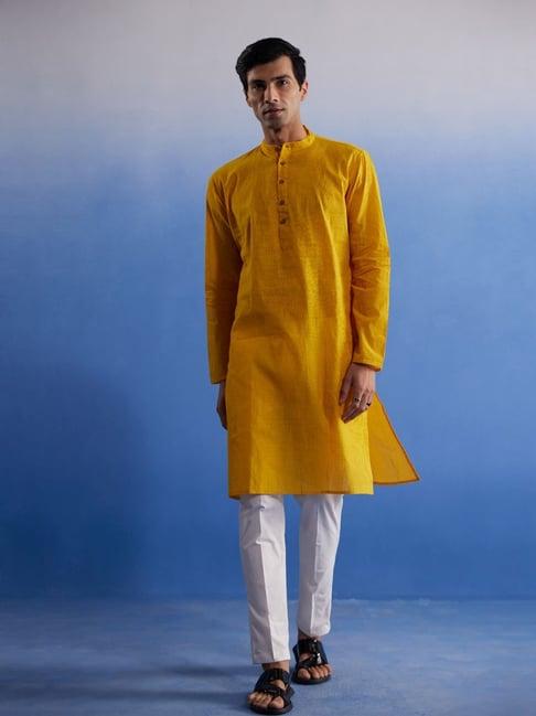 vastramay mustard & white cotton regular fit striped kurta bottom set