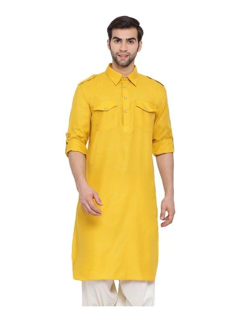 vastramay mustard cotton regular fit pathani kurta