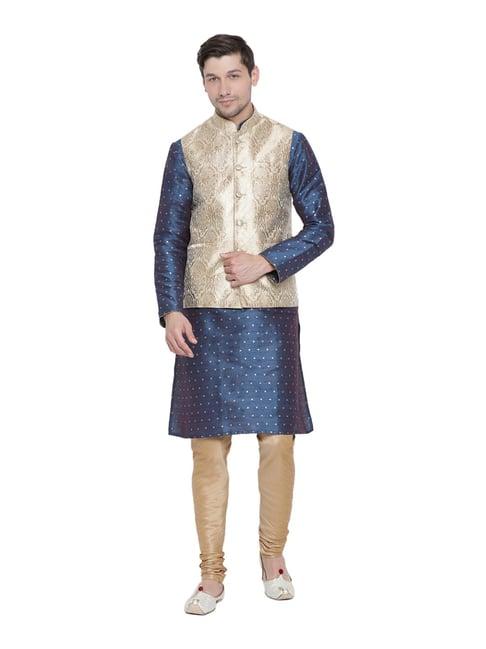 vastramay navy & beige straight fit self pattern kurta churidar with jacket