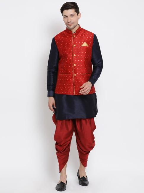 vastramay navy & red straight fit printed kurta set with jacket