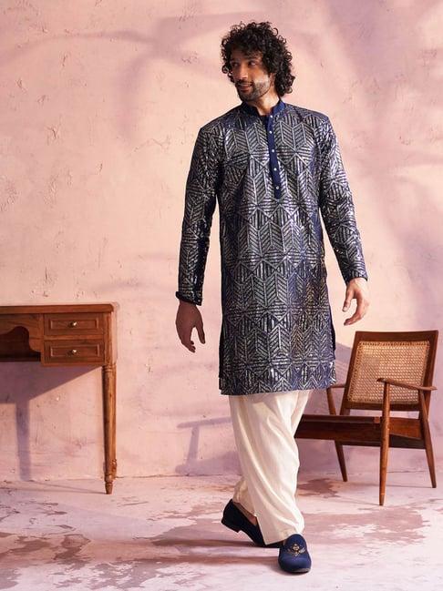 vastramay navy & white regular fit embellished kurta bottom set