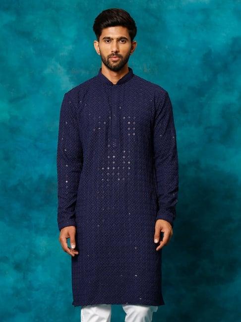 vastramay navy regular fit embroidered kurta