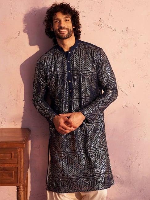 vastramay navy regular fit embroidered kurta