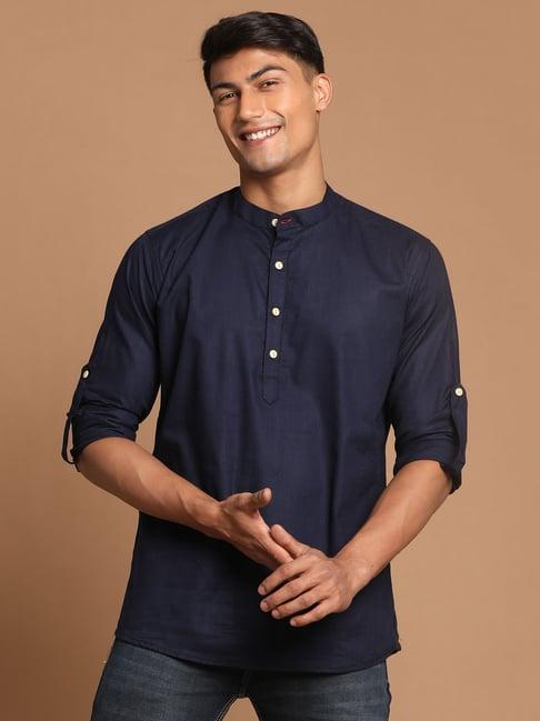 vastramay navy regular fit mandarin collar short kurta