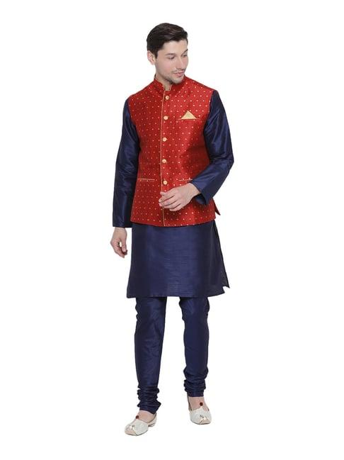 vastramay navy straight fit kurta churidar with jacket