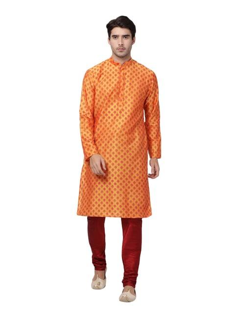 vastramay orange & maroon cotton straight fit printed kurta churidar set