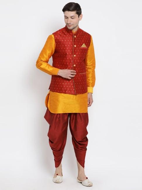 vastramay orange & red straight fit printed kurta set with jacket