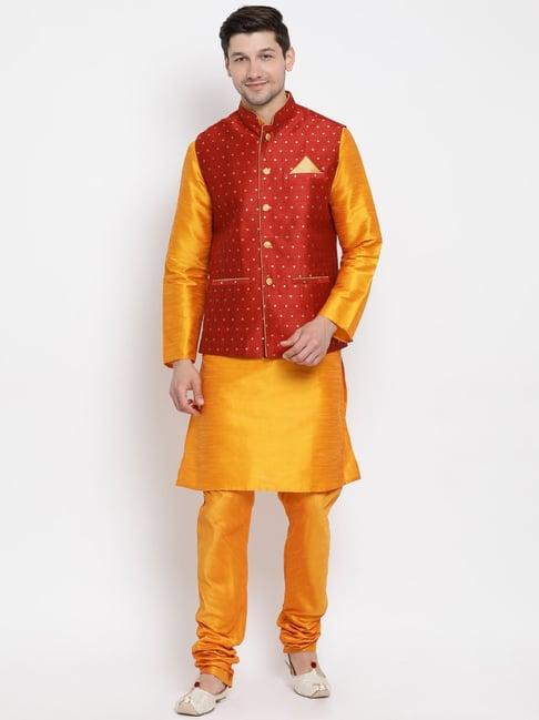 vastramay orange & red straight fit self pattern kurta set with jacket