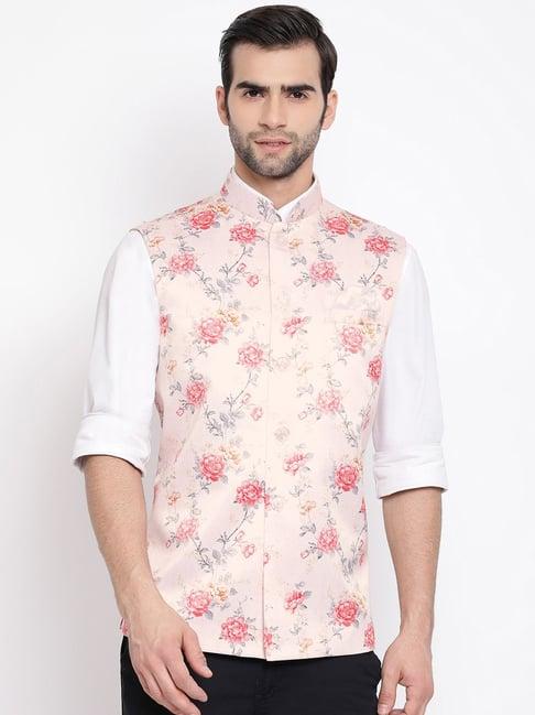 vastramay peach straight fit floral print nehru jacket