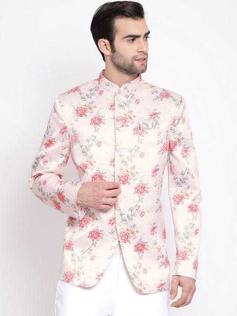 vastramay peach straight fit floral print nehru jacket
