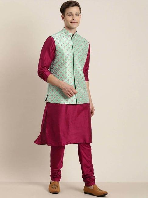 vastramay pink & green regular fit embroidered kurta bottom set