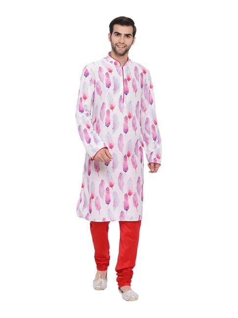 vastramay pink & red cotton straight fit printed kurta churidar set