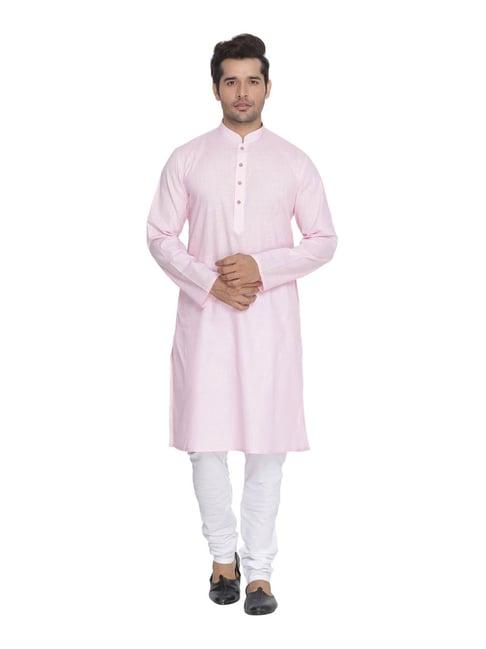 vastramay pink & white cotton linen straight fit kurta churidar set