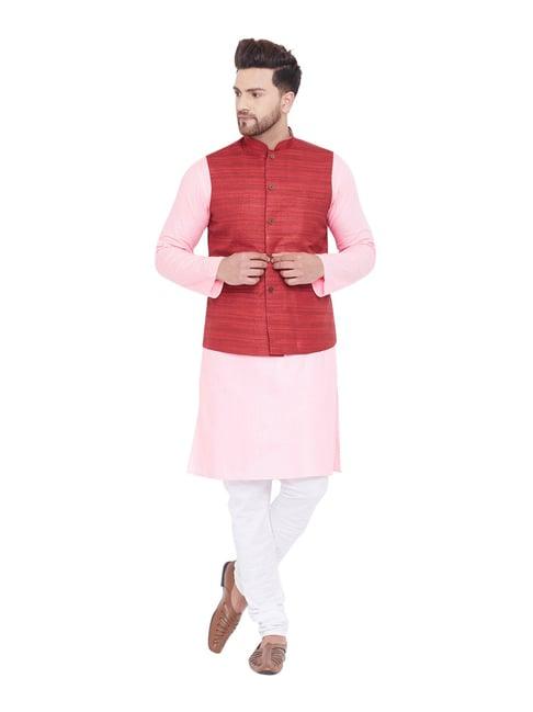 vastramay pink & white cotton regular fit kurta churidar with jacket