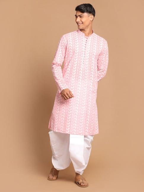 vastramay pink & white regular fit cotton kurta & dhoti pants set