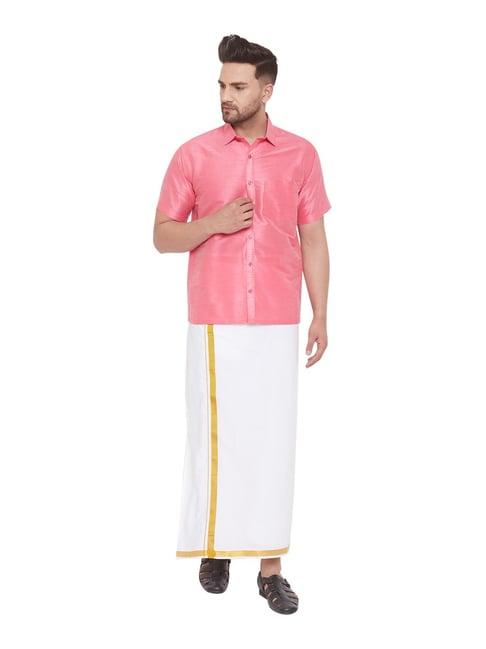 vastramay pink & white straight fit shirt & mundu set