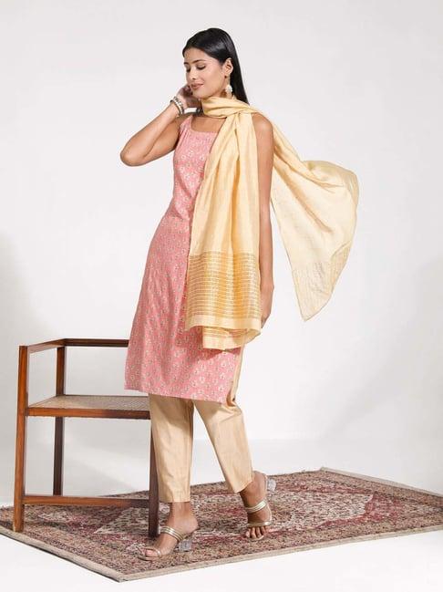 vastramay pink & yellow printed kurta pant set with dupatta