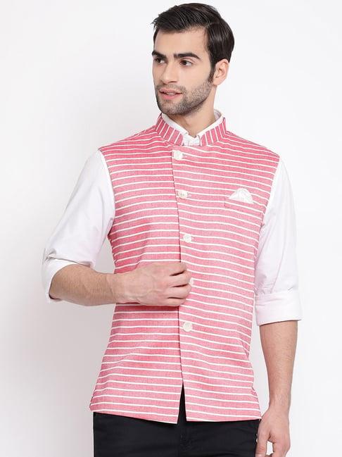 vastramay pink cotton straight fit striped nehru jacket