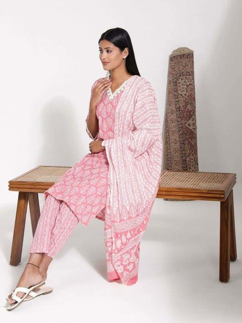 vastramay pink printed kurta pant set with dupatta