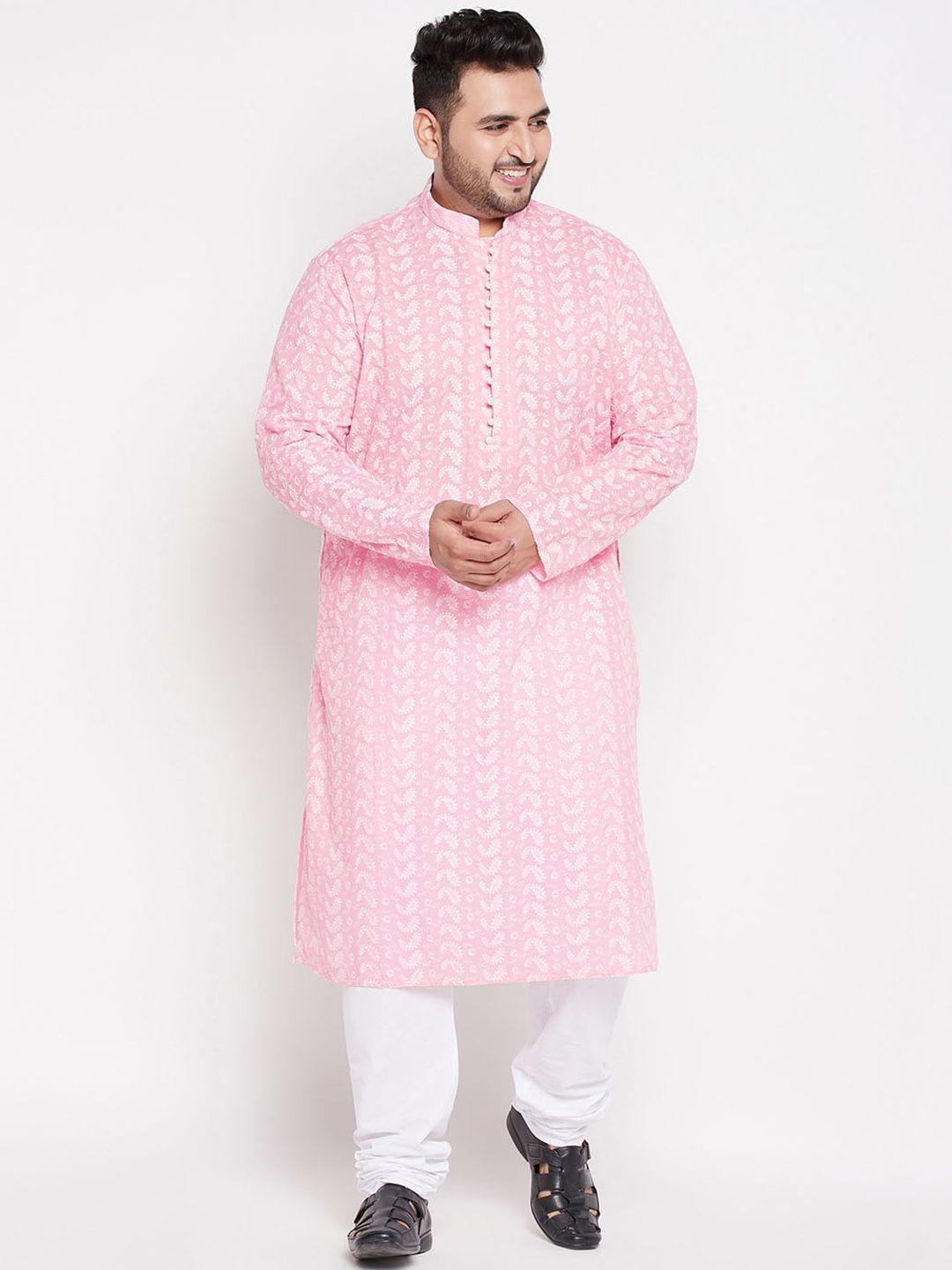 vastramay plus men  plus size pink  embroidered chikankari pure cotton kurta with pyjamas