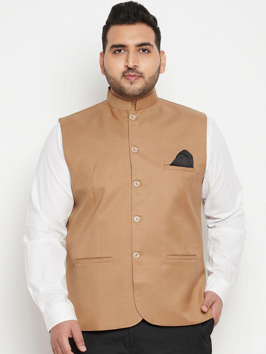 vastramay plus men beige solid bandhgala woven nehru jacket