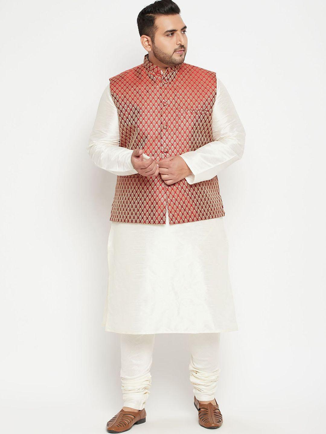 vastramay plus men cream-coloured & maroon woven designed kurta with churidar & jacket
