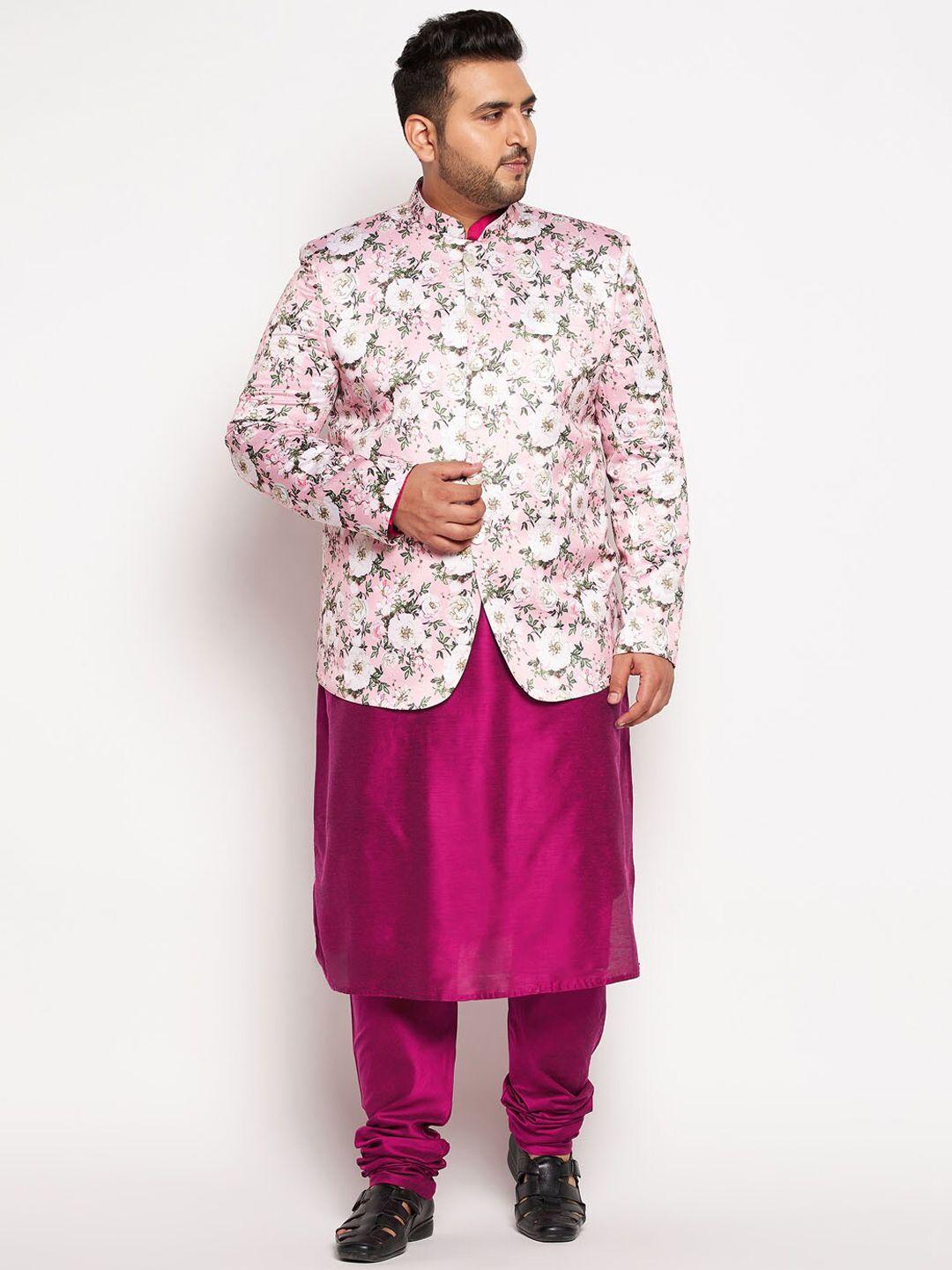 vastramay plus men fuchsia floral kurta with churidar