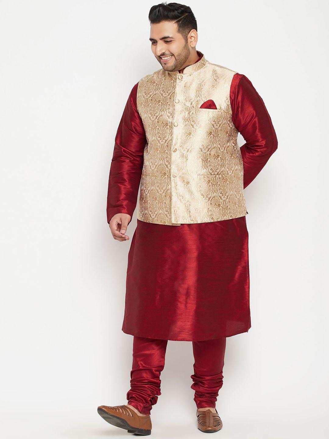 vastramay plus men maroon & gold-toned woven designed kurta with churidar & jacket