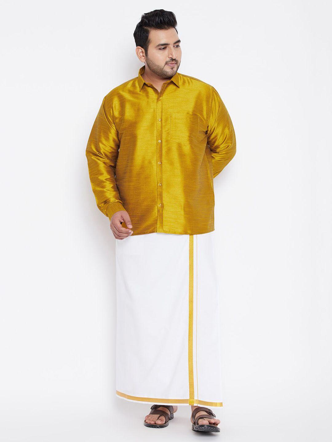 vastramay plus men mustard yellow & white shirt with dhoti