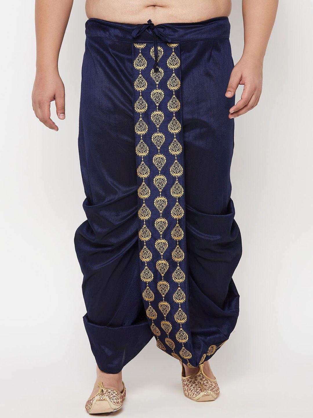 vastramay plus men navy blue & gold-coloured embroidered relaxed-fit dhotis