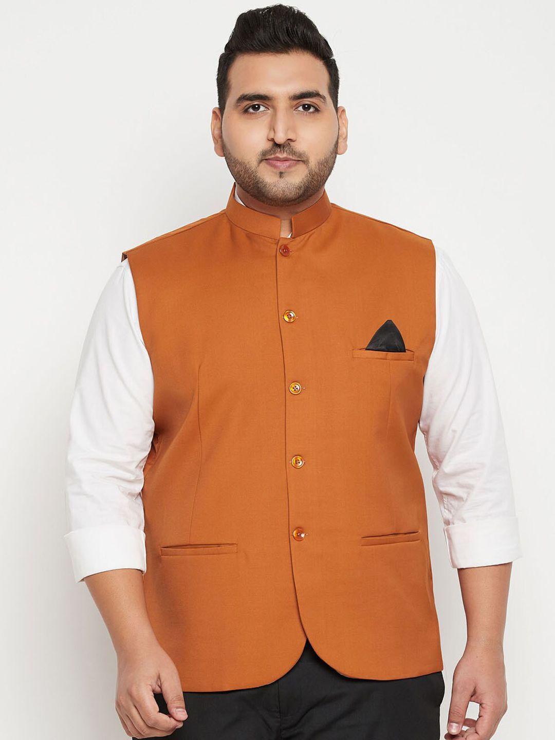 vastramay plus men orange solid slim-fit woven nehru jacket