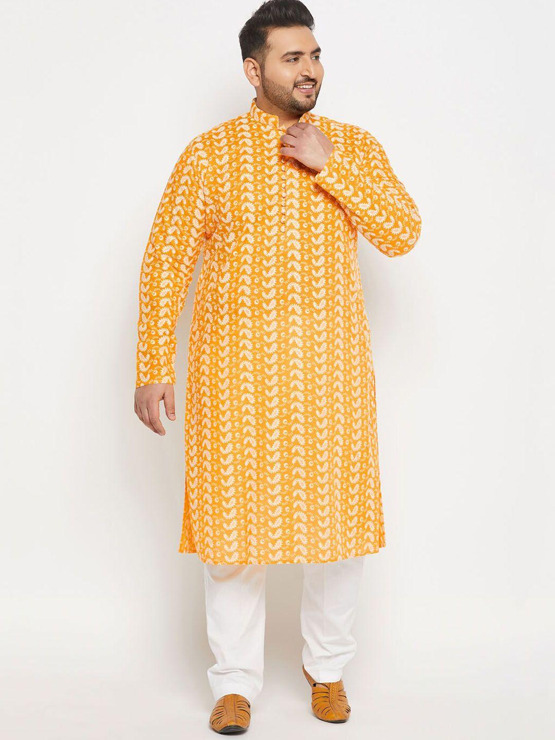 vastramay plus men plus size paisley embroidered chikankari pure cotton kurta with pyjamas