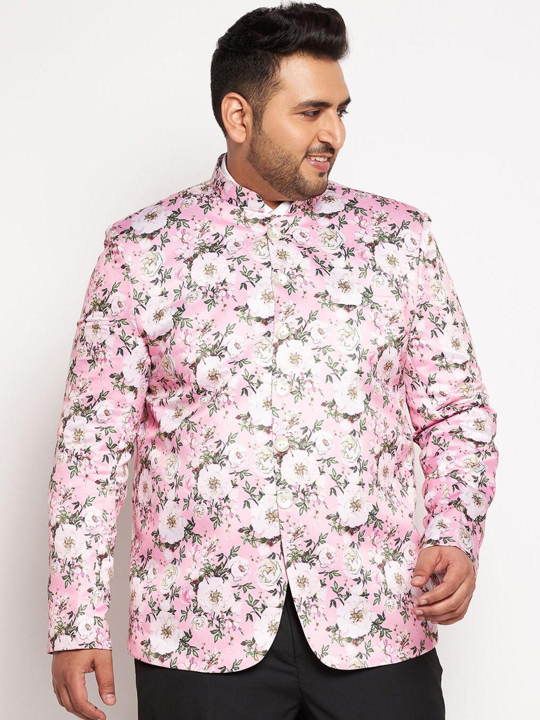 vastramay plus men plus size pink printed slim fit bandhgala blazer