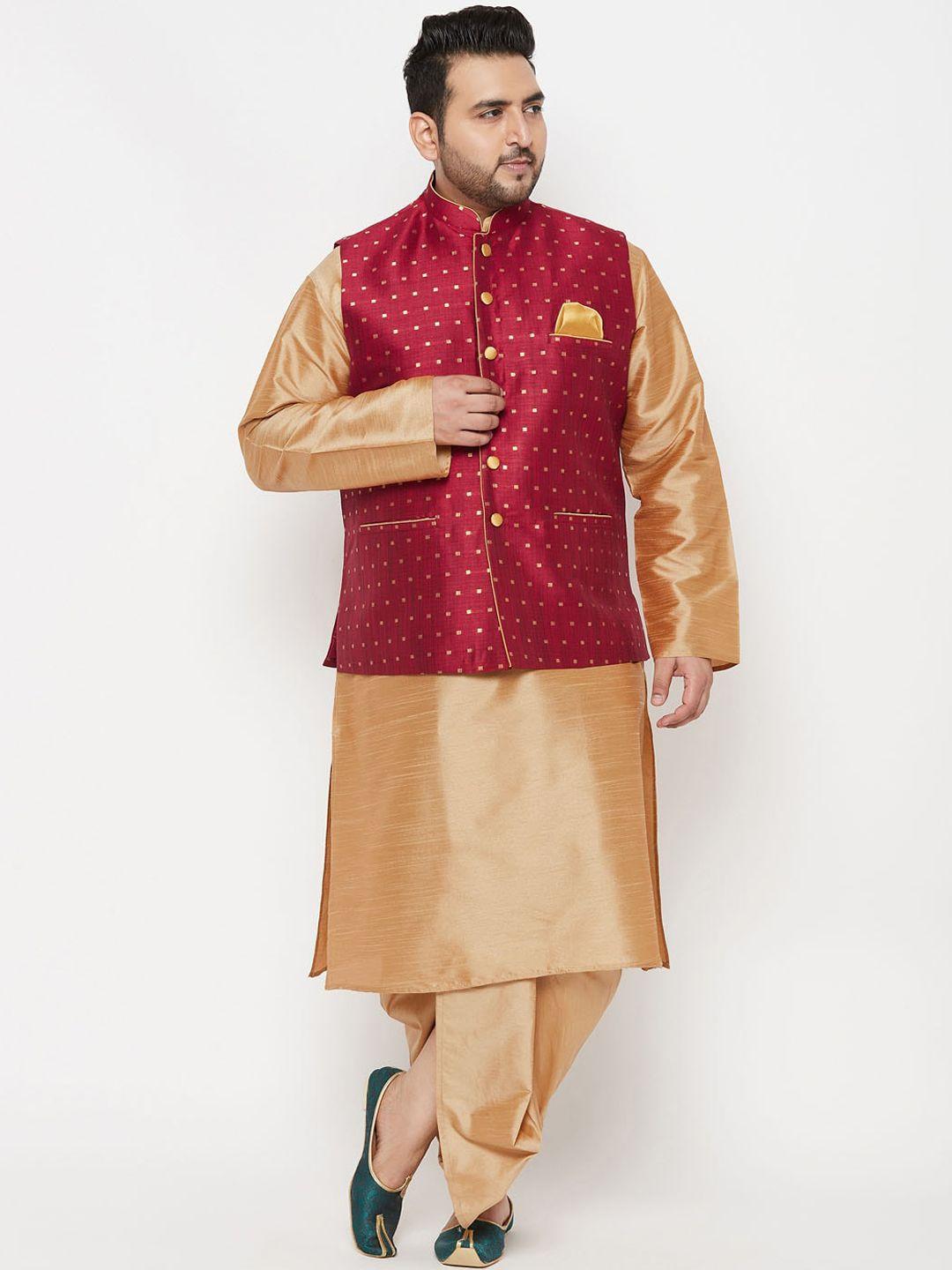 vastramay plus men rose gold kurta with dhoti pants & nehru jacket