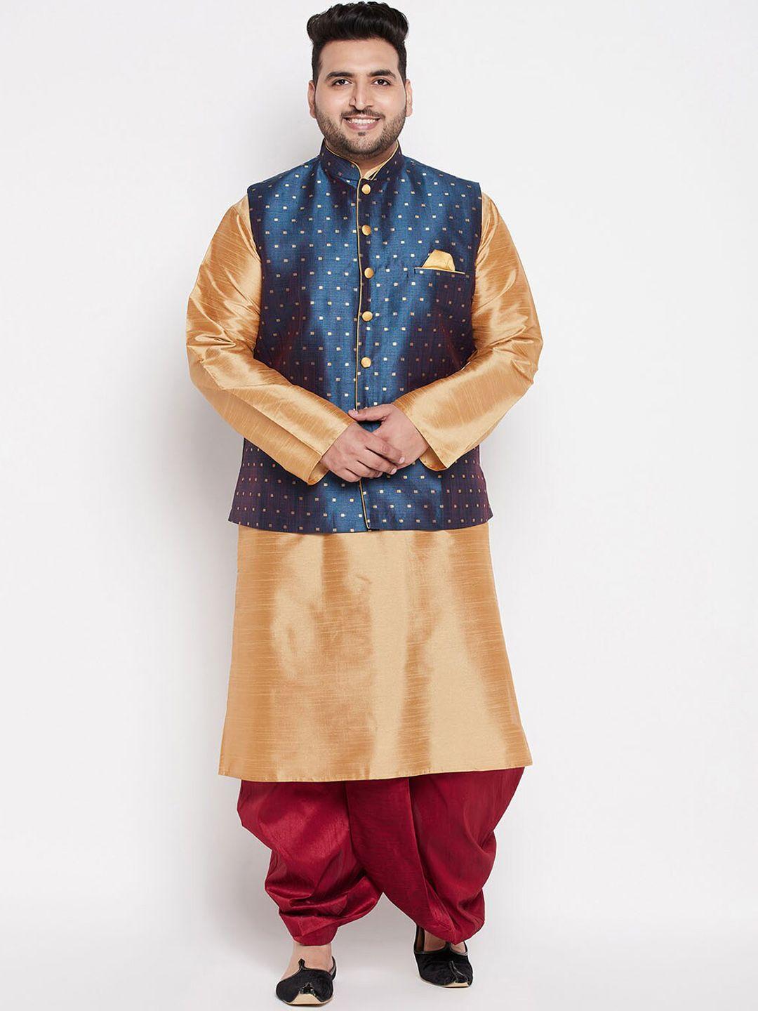 vastramay plus men rose gold kurta with dhoti pants & nehru jacket