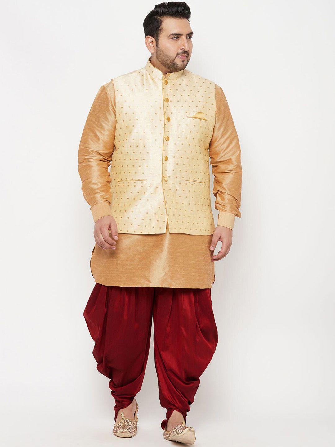 vastramay plus men rose gold kurta with dhoti pants with banarasi jacket