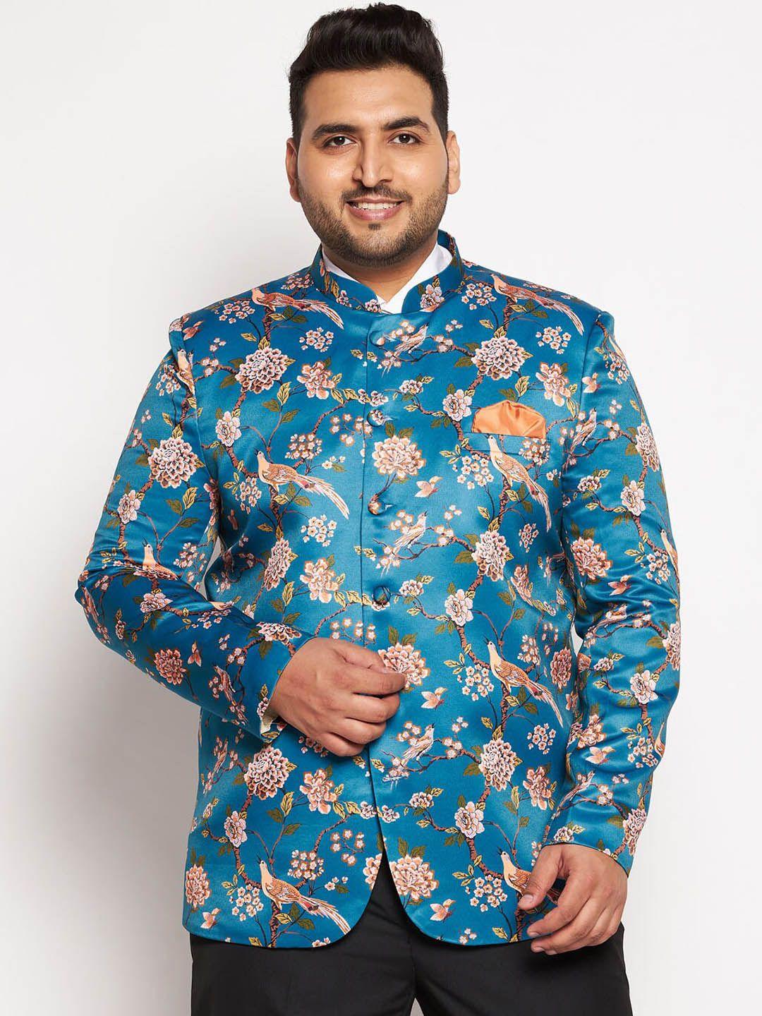 vastramay plus men turquoise blue floral printed bandhgala blazer