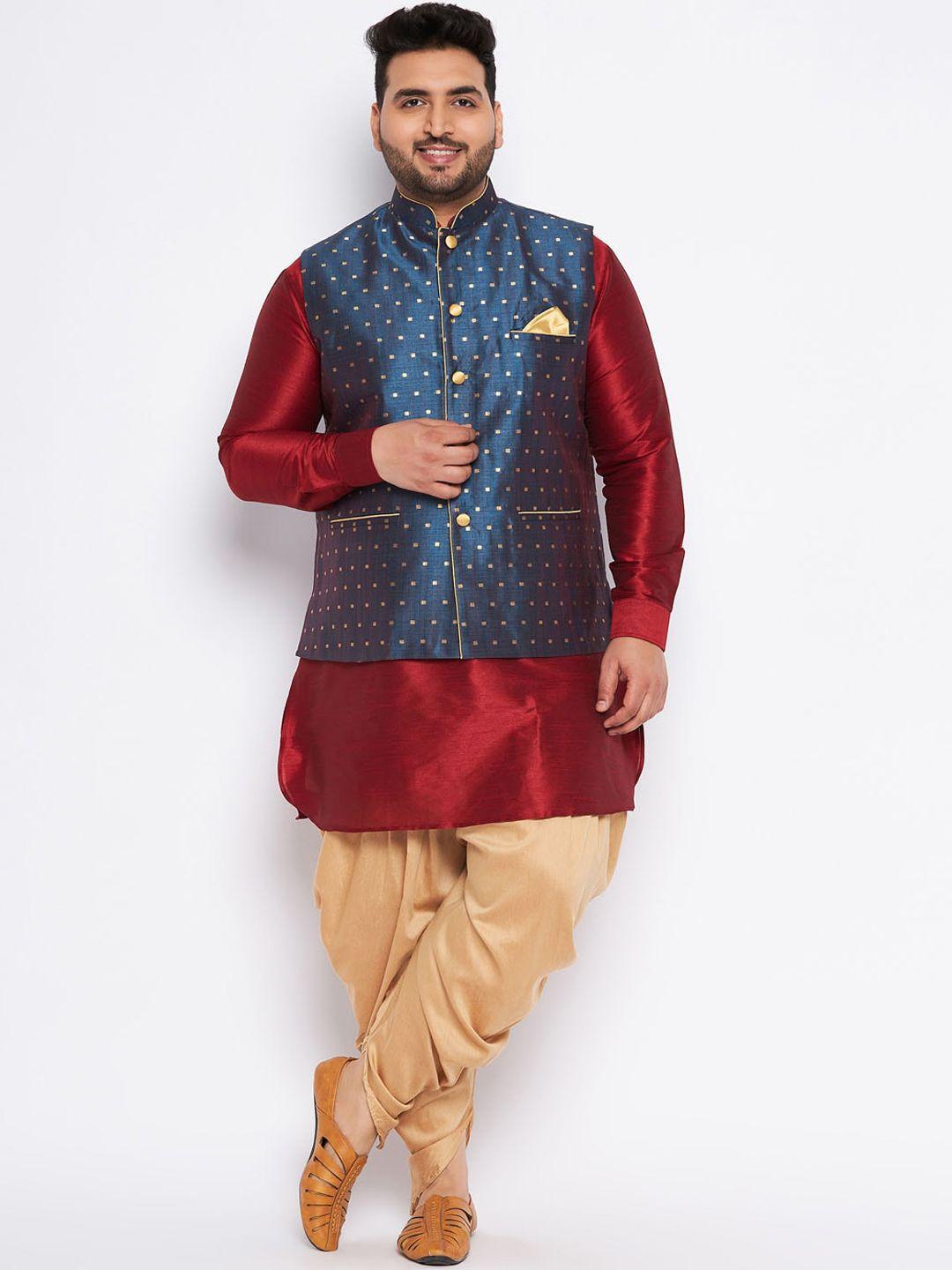 vastramay plus plus size mandarin collar patani kurta & dhoti pants with nehru jacket