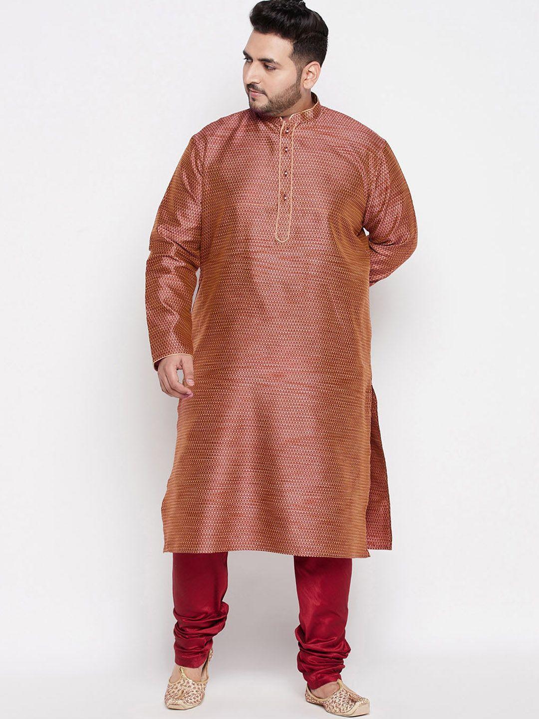vastramay plus plus size men maroon floral kurta with churidar
