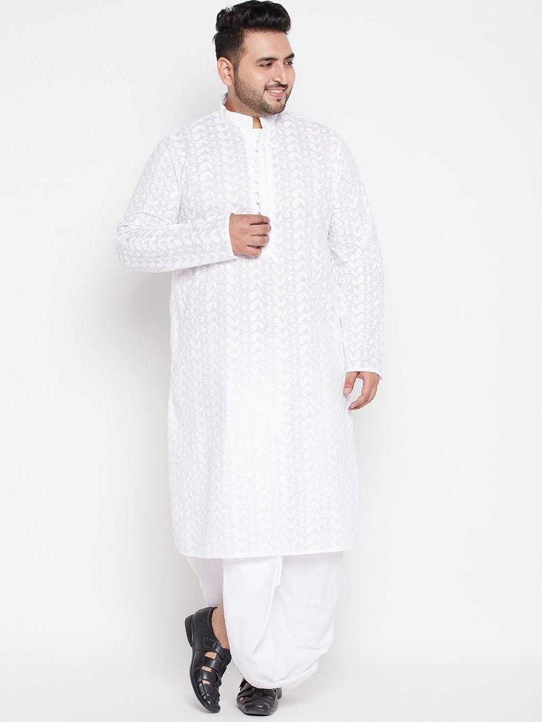 vastramay plus plus size men white ethnic motifs embroidered cotton kurta with dhoti pants