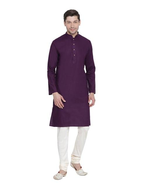 vastramay purple & cream cotton linen straight fit kurta churidar set