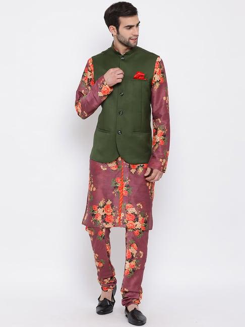 vastramay purple & green straight fit floral print kurta set with jacket