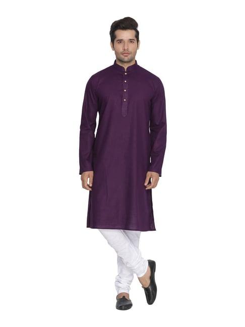 vastramay purple & white cotton linen straight fit kurta churidar set
