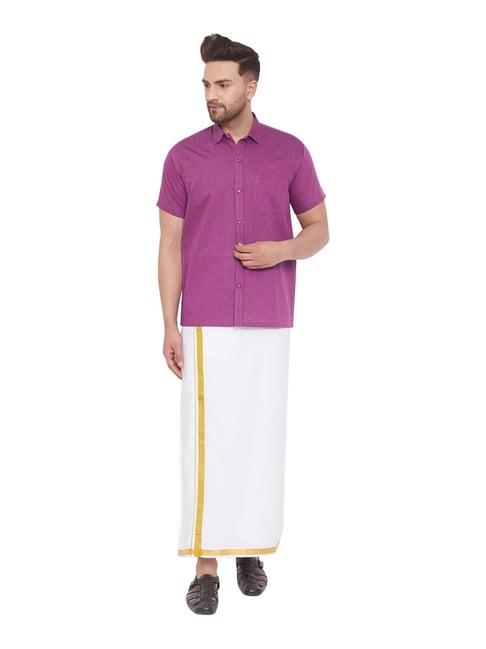 vastramay purple & white cotton straight fit shirt & mundu set
