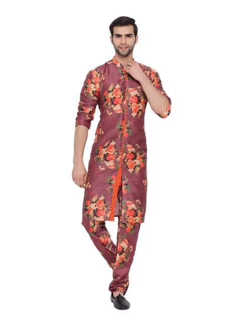 vastramay purple cotton straight fit floral print kurta churidar set