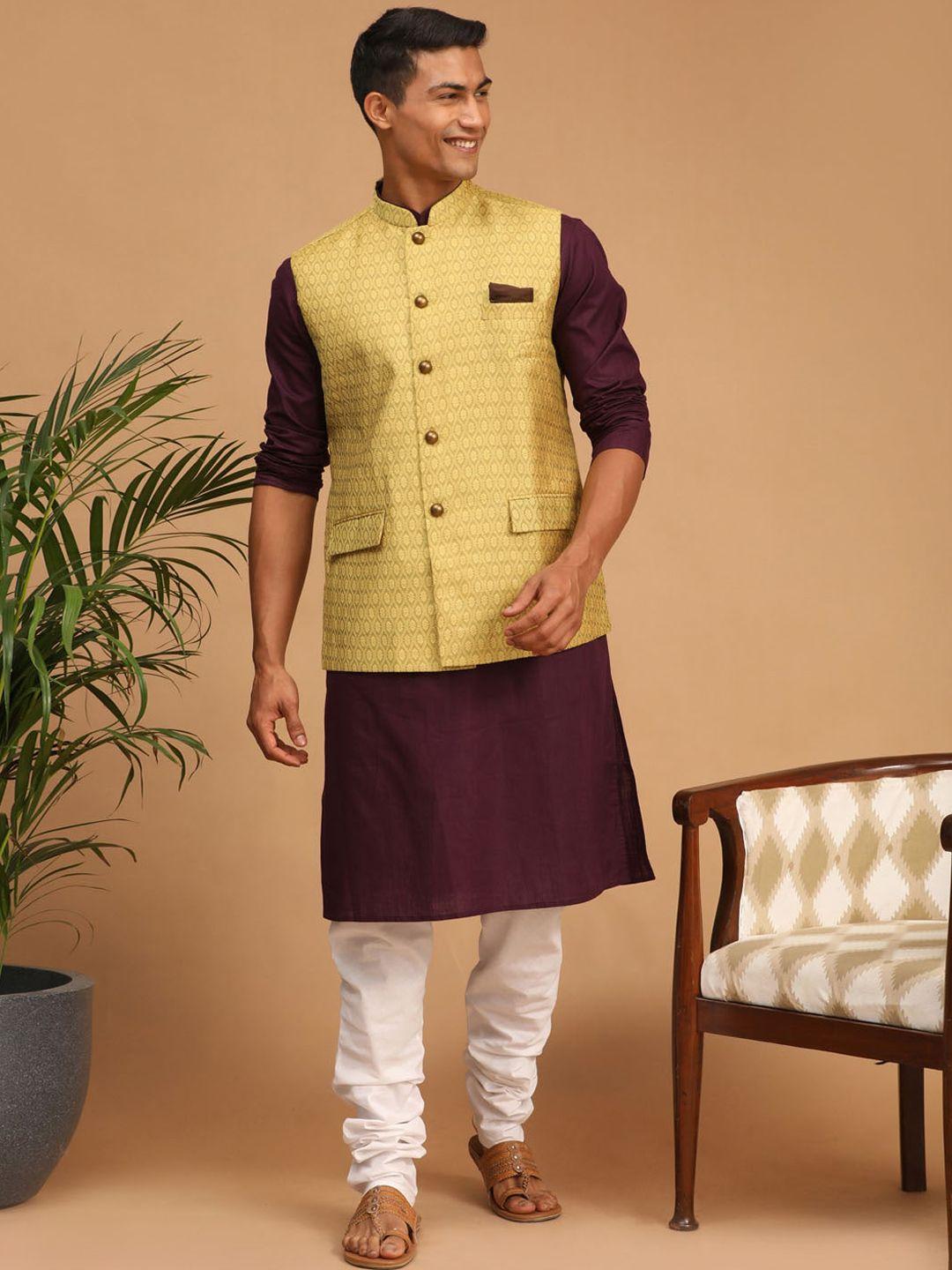 vastramay purple kurta with pyjama and silk blend nehru jacket