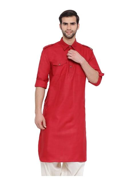 vastramay red cotton regular fit pathani kurta