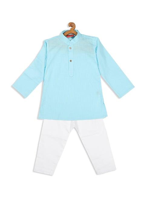 vastramay sishu aqua blue & white cotton regular fit kurta set