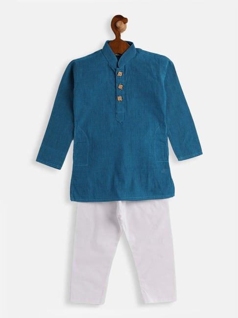 vastramay sishu blue & white cotton self kurta set