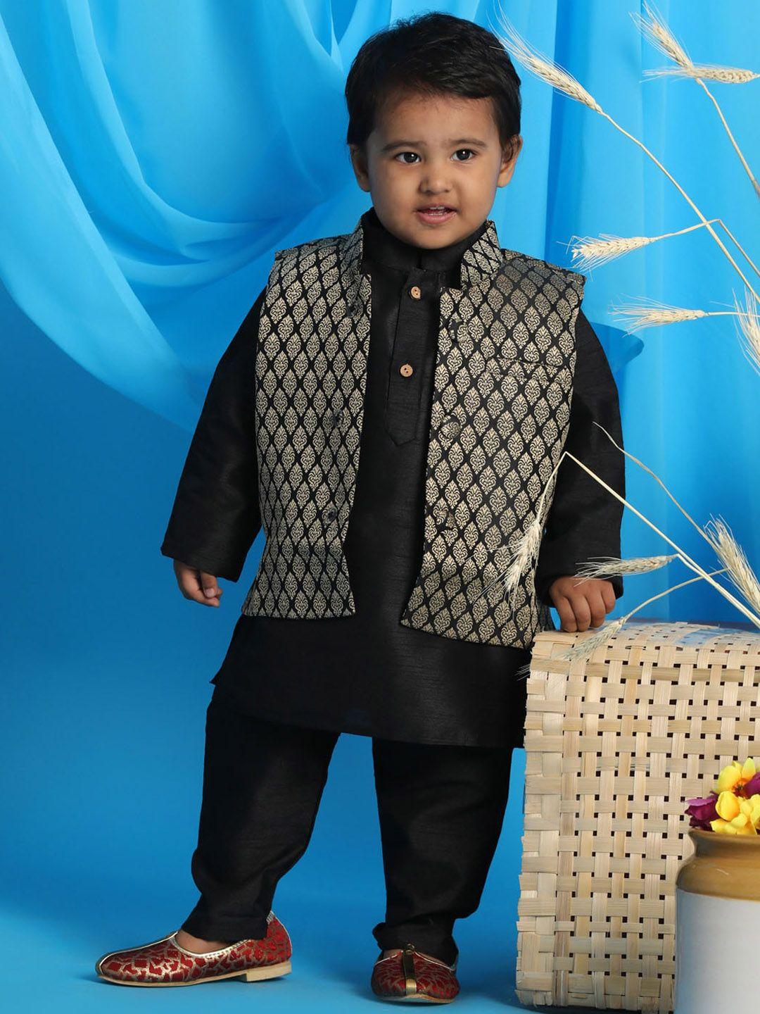 vastramay sishu boys black kurta with pyjamas & nehru jacket